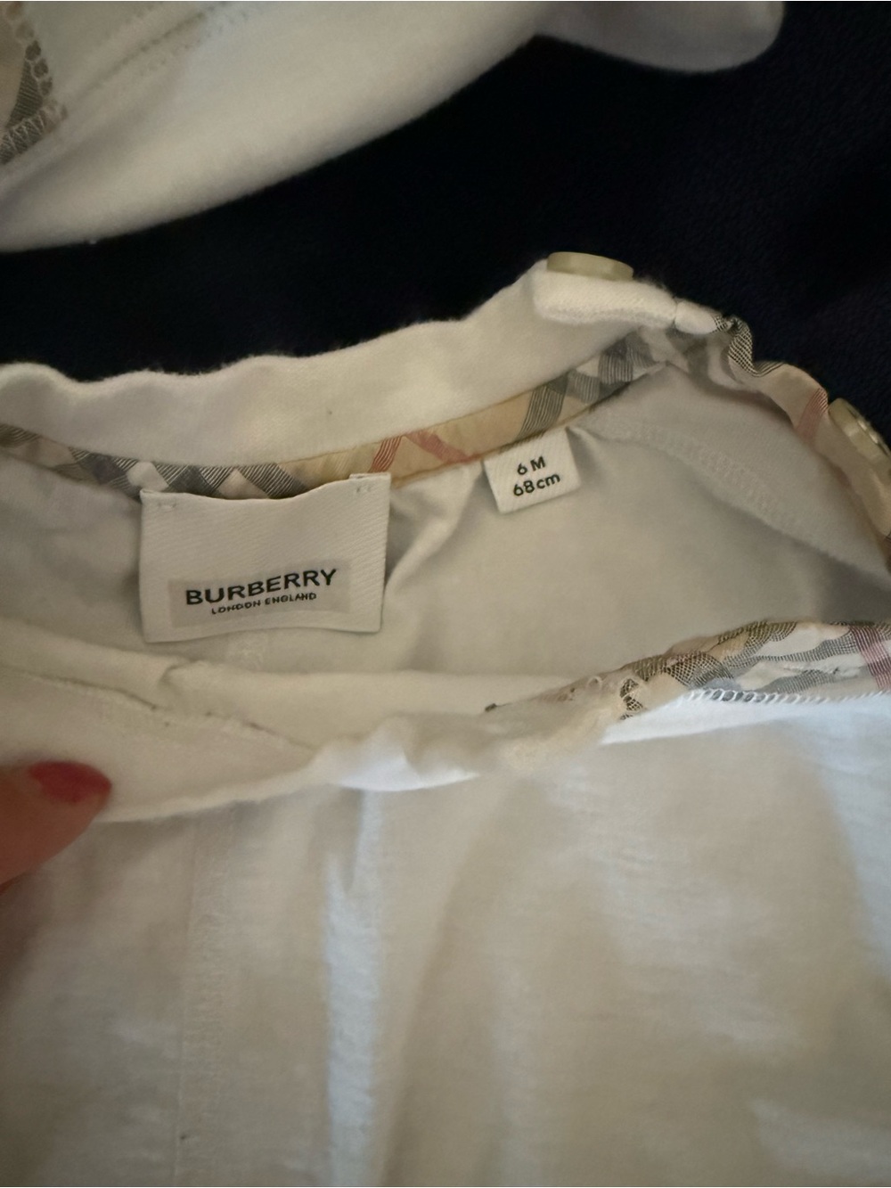 Burberry White Infant Romper with Signature Nova Check Trim - Picture 3 of 7